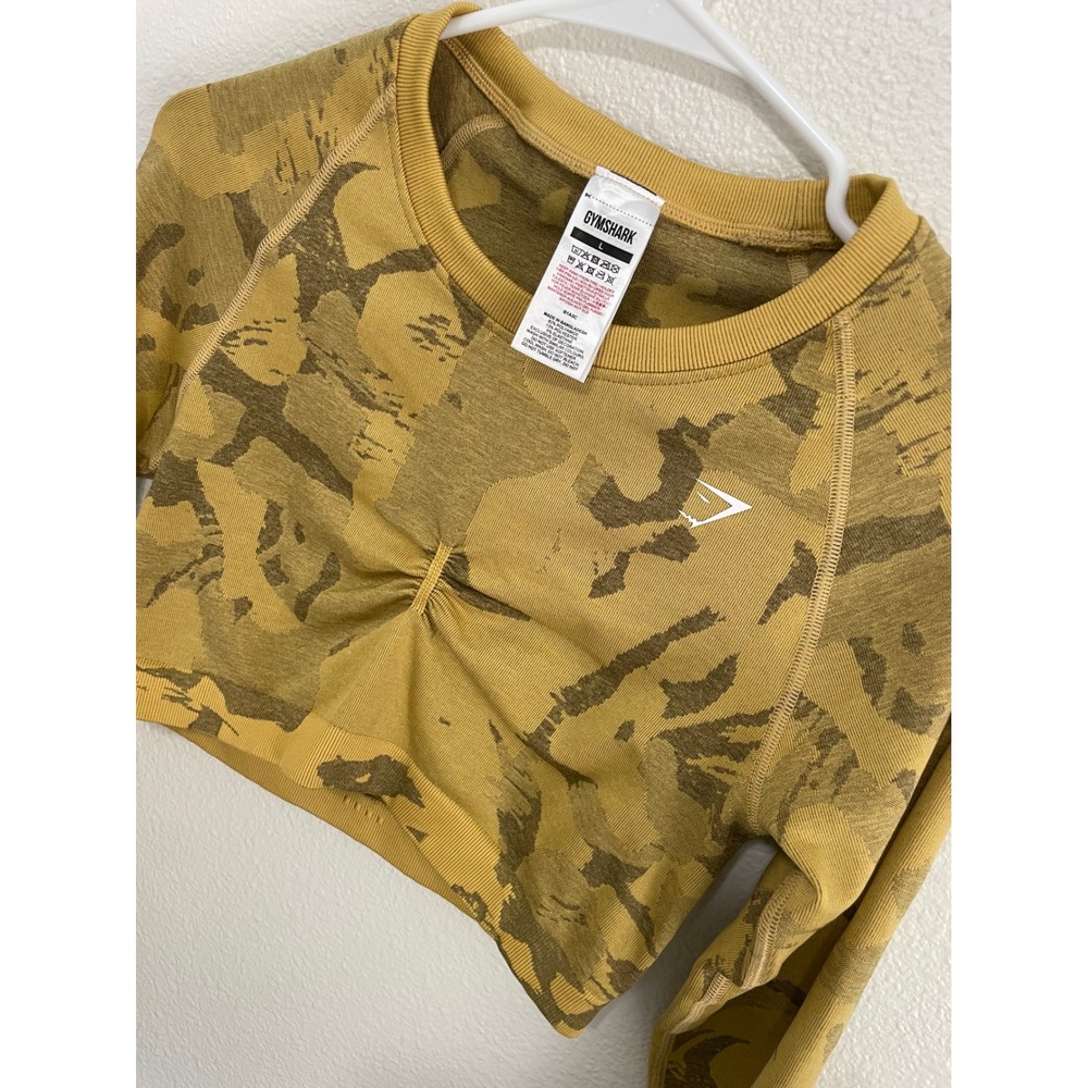 Gymshark Womens Large Adapt Camo Seamless Crop Top Mustard Yellow Excellent Camo